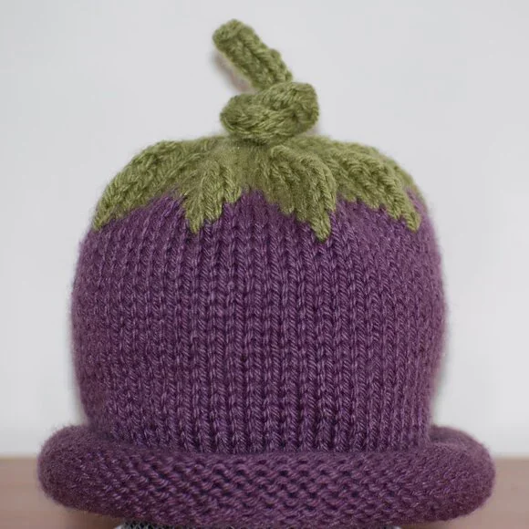Hand Knit Stretchy Purple Baby Eggplant Hat 0-6 months - One Size - Picture 2 of 4